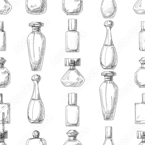Seamless pattern with perfume bottles.  Vector illustration of a sketch style.
