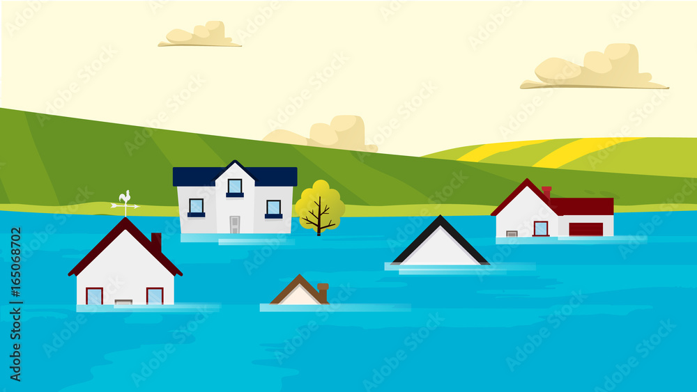 Houses flooding under water Vector. Nature disaster. Global warming