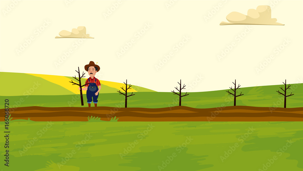 A Farmer in the field. Agriculture and Farming. Agrotourism. Agribusiness. Rural landscape. Design character for info graphic, websites and print media. Vector illustration