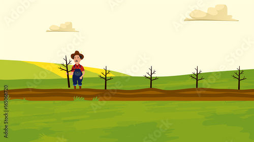 A Farmer in the field. Agriculture and Farming. Agrotourism. Agribusiness. Rural landscape. Design character for info graphic, websites and print media. Vector illustration