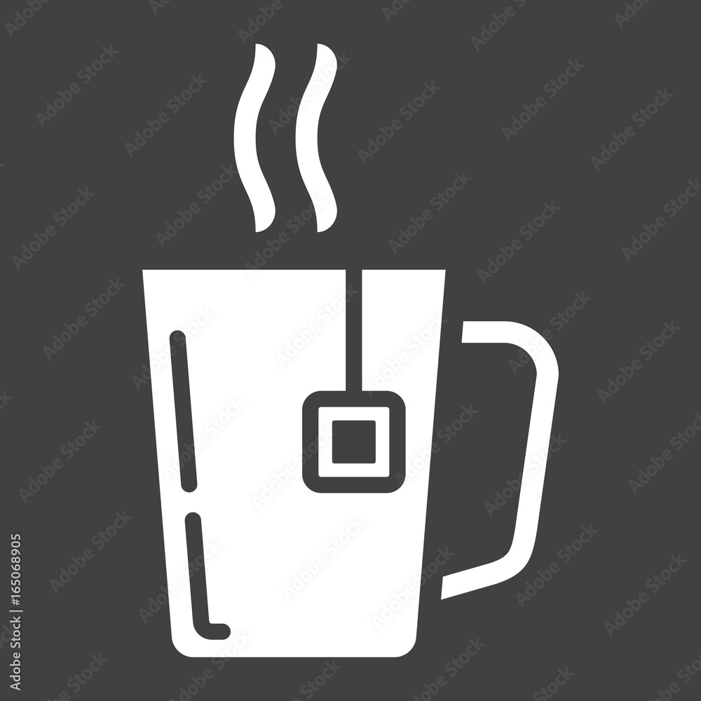 Mug of tea solid icon, business and breakfast, vector graphics, a filled pattern on a black background, eps 10. Mug of tea solid icon, business and breakfast, vector graphics, a filled pattern on a black background, eps 10.