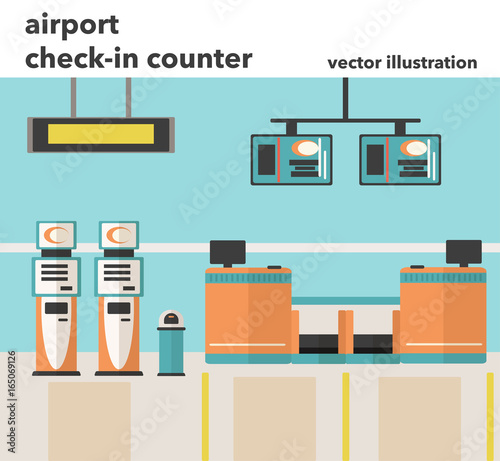 Vector illustration of Check-in counter at the airport interior with Self-service terminal in flat design style