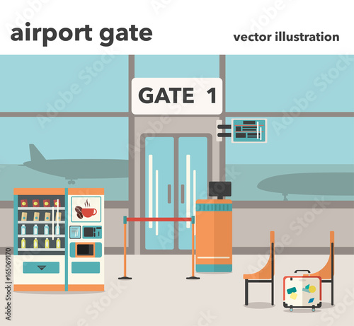 Vector illustration of Airport gate interior with Vending machine with snacks and coffee, suitcase, seating in flat design style