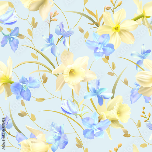 Fototapeta Naklejka Na Ścianę i Meble -  Seamless pattern with daffodils and delphinium. Vector illustration.