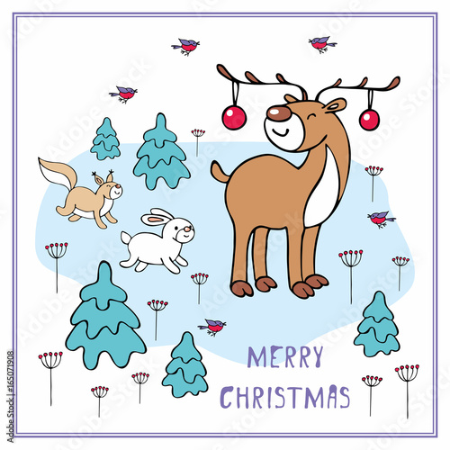 Cheerful Christmas greeting card with the image of a ridiculous deer and woodland animals.
