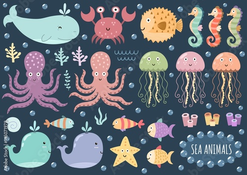 Vector set of cute sea animals. Underwater isolated elements. Great for baby shower and kids design. Whale, octopus, crab, jellyfish, globefish, seahorse and others