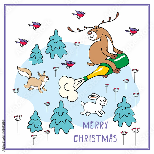 Cheerful Christmas greeting card with the image of a ridiculous deer and woodland animals.