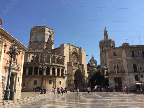 Virgin Square in Valencia, Spain ( Plaza de la Virgen) with a view of the Cathedral and Fountain.