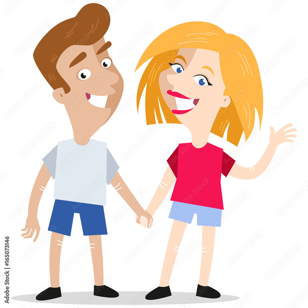 Smiling caucasian cartoon couple holding hands isolated on white background Smiling caucasian cartoon couple holding hands isolated on white background