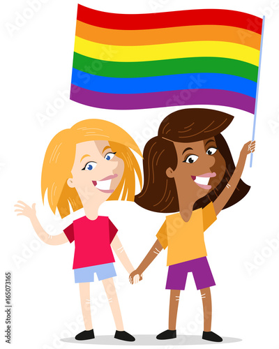 Smiling lesbian cartoon couple holding hands waving rainbow lgbt flag celebrating gay pride isolated on white background