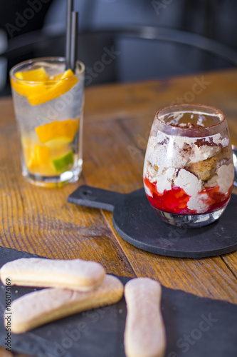 One serving of strawberry tiramisu in an italian restaurant