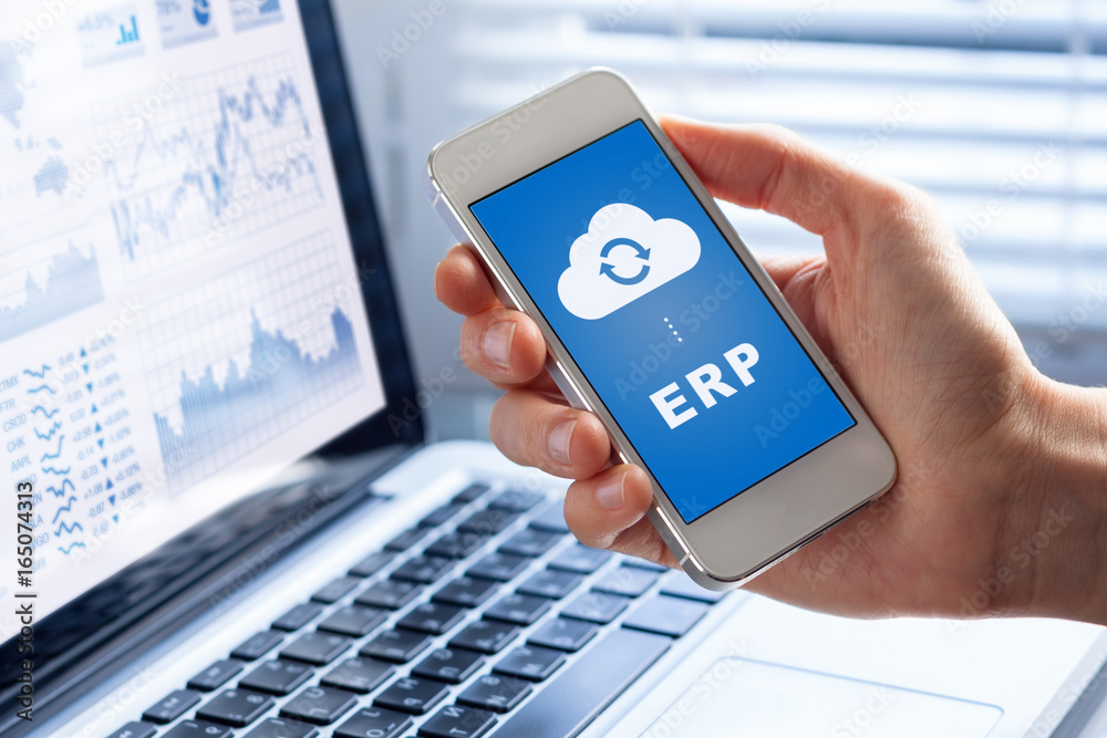 ERP app on smartphone screen connecting data with cloud computing - obrazy, fototapety, plakaty 