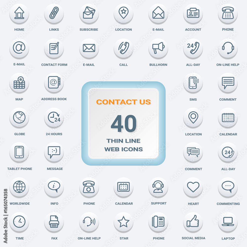 Contact Us - Set Of White Round Flat Thin Line Web Icons Isolated On A Background. Vector Icon Set. Contact Us - Set Of White Round Flat Thin Line Web Icons Isolated On A Background. Vector Icon Set.