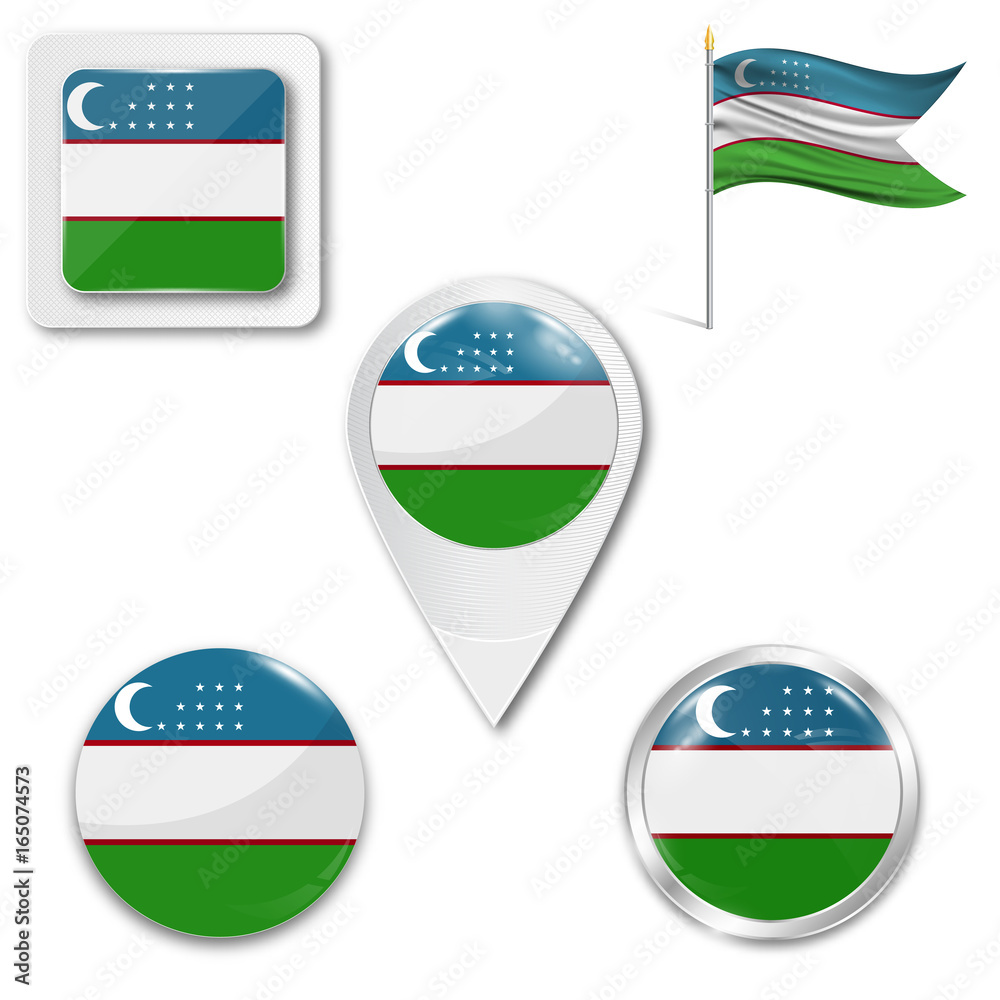Set of icons of the national flag of Uzbekistan in different designs on a white background. Realistic vector illustration. Button, pointer and checkbox. Set of icons of the national flag of Uzbekistan in different designs on a white background. Realistic vector illustration. Button, pointer and checkbox.