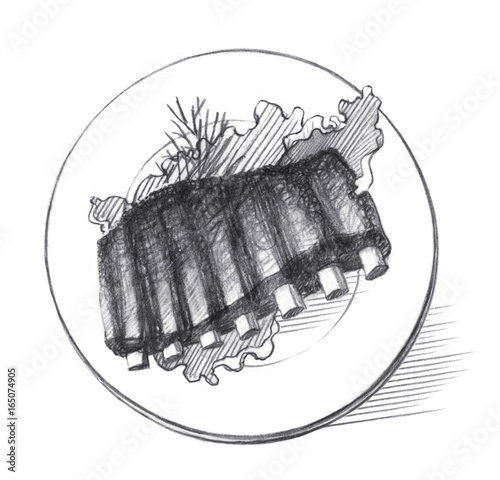 Fried pork ribs with lettuce leaves on a white plate. Graphic linear tonal drawing by slate pencil. Isolated on white background