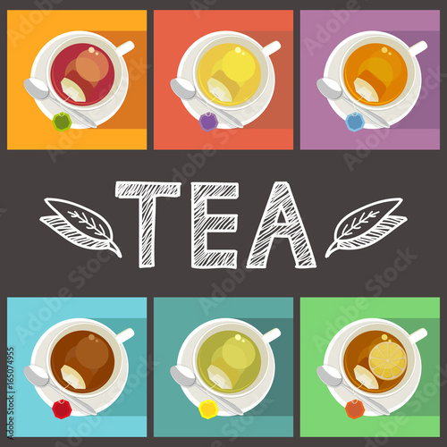 Cups of dfferent kind of tea with bags (blank label). Tea assortment. Black tea, green tea, fruit tea; herbal tea; rooibos tea, tea with lemon. Vector illustration.