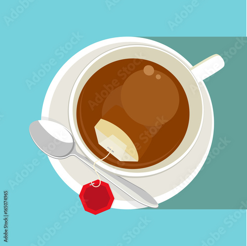 White cup of tea with with red tea bag (blank label) on blue background. Top view. Vector illustration.