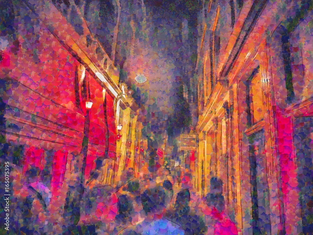 People walking on the red light district at night in Amsterdam. Oil painting. Red light street from inside. Watercolor painting. Good for postcards, posters, web design, artwork. High resolution.