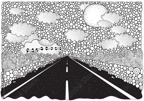 Long car highway stretching into the distance. Doodle landscape. Anti stress Coloring Book page for adult. Black and White vector illustration.