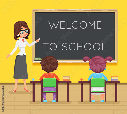 Teacher female study pupil student sit class table desk education lesson child character icon classroom school board background vector illustration