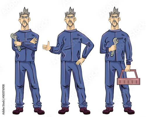 Mechanic or fitter plumber man holding a wrench, tool box and showing thumbs up gesture. Vector illustration set, isolated on white background.
