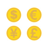 Currency exchange icons set - dollar, euro, yen, pound. Currency golden coins. Modern round color icons. Worldwide currency. Flat style icon. Vector illustration