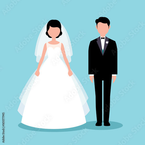 Murais de parede Stock Vector Illustration of a flat style bride and groom newlyweds in full leng