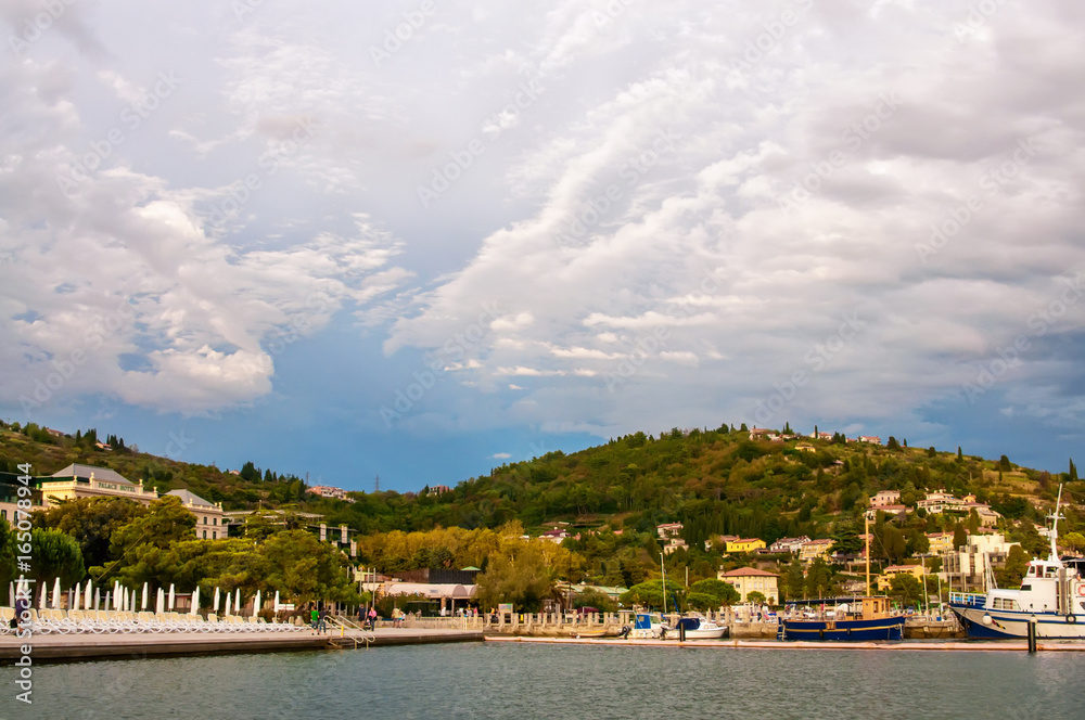 Fototapeta premium Beautiful views of the waterfront with ships in Portoroz Slovenia.