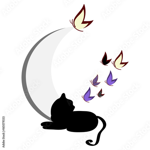 Cat silhouette with butterflies isolated on background