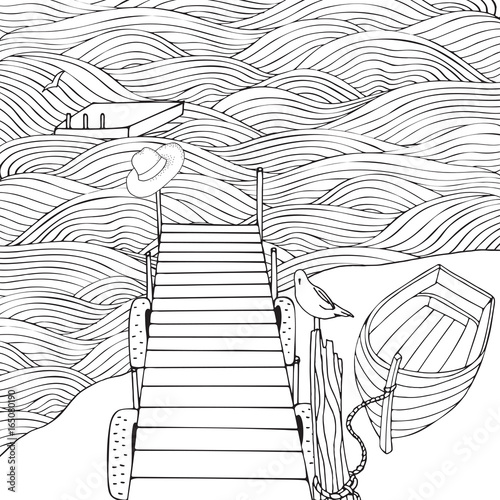 Old wooden pier. Seascape. Coloring book page for adult. Waves, sea, art background. Black and white.