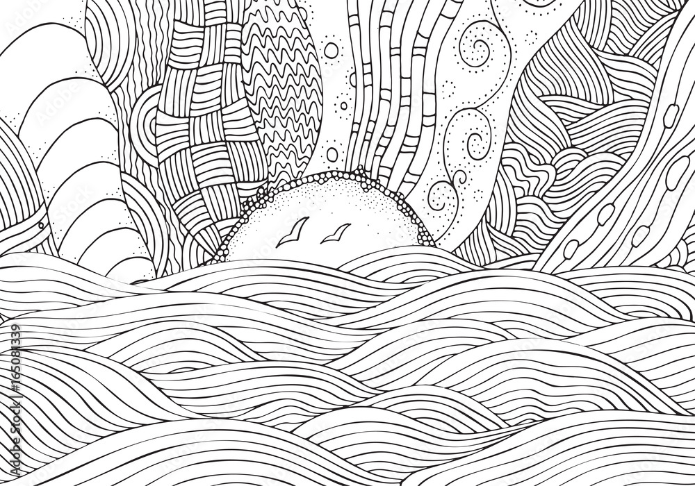 Black and white fantasy picture with sun and sea. Beach landscape. Pattern for adult Coloring book. Hand-drawn, ethnic, doodle, vector, zentangle. Stock Vector | Adobe Stock black-and-white-fantasy-picture-with-sun-and-sea-beach-landscape-pattern-for-adult-coloring-book-hand-drawn-ethnic-doodle-vector-zentangle-stock-vector-adobe-stock