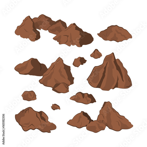 Brown stones on a white background. Isolated rock in cartoon style. Set of mineral formation. Vector illustration
