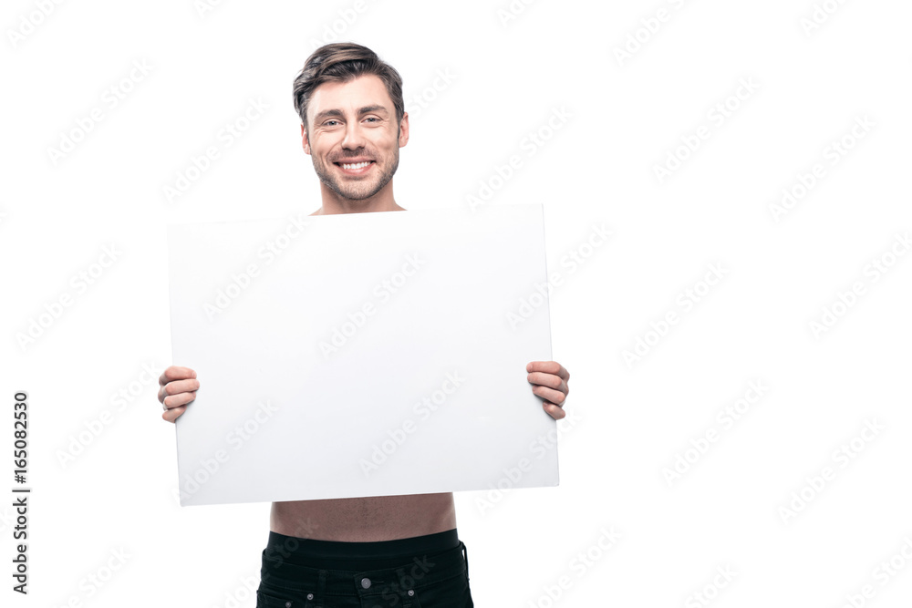 young handsome man with blank banner, isolated on white young handsome man with blank banner, isolated on white