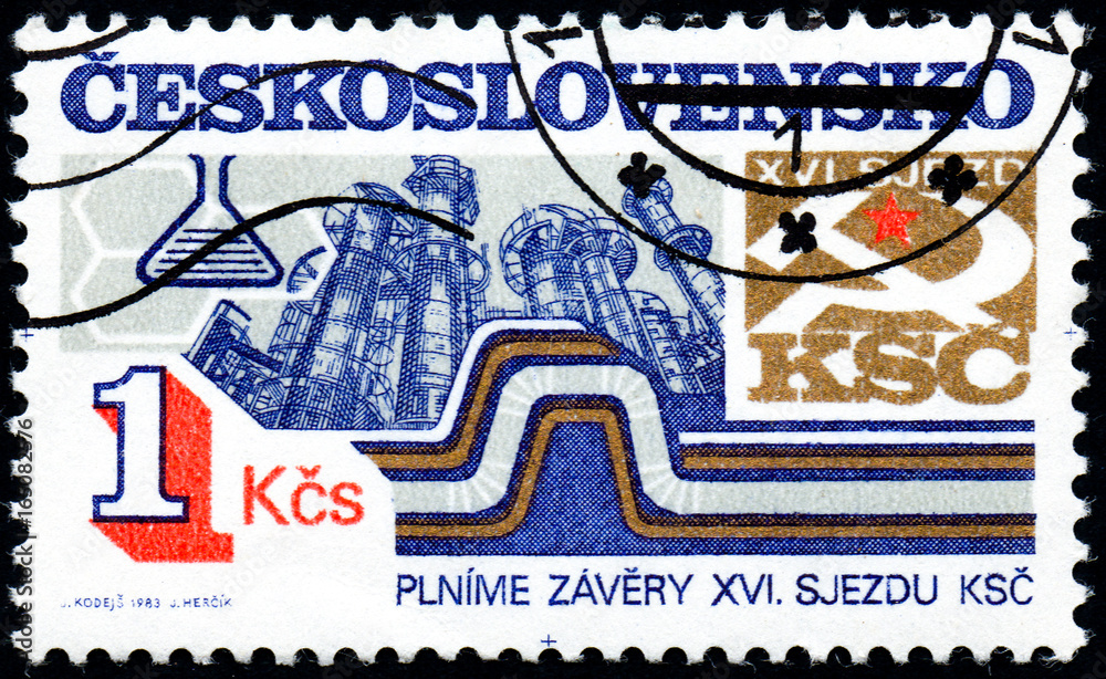 UKRAINE - CIRCA 2017: A stamp printed in Czechoslovakia shows Chemical industry, from series 16th Communist Party Congress goals and projects, circa 1983