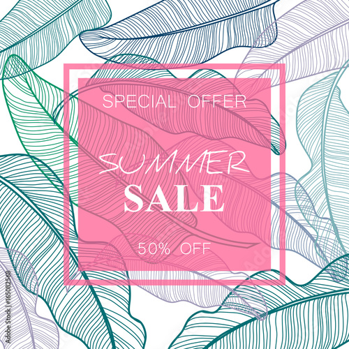 Summer Sale banner, poster with palm leaves, jungle leaf. Beautiful vector floral tropical summer background