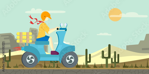 Pizza delivery on a scooter. Man driving a moped in the desert landscape. Vector illustration, isolated on white background.