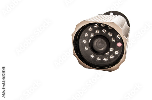 Close up of a surveillance camera isolated on white background