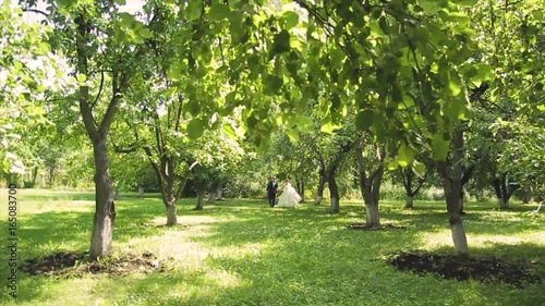 Newlyweds walk in the park in good summer weather photo