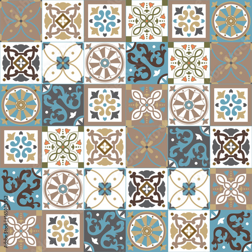 Portuguese traditional ornate azulejo, different types of tiles 6x6, seamless vector pattern in natural colors, beige, creme and white