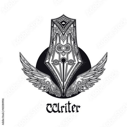 Beautiful emblem with old pen and wings. Good openwork sign or logo for writers, bloggers, journalists. Can be used like idea for tattoo.