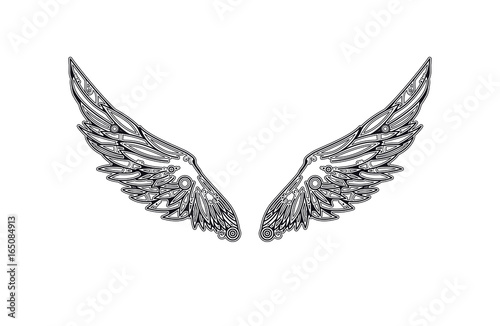 Black openwork wings on white background. Technical modern style. It can be used for printing on t-shirts and idea for tattoo or using for logo.