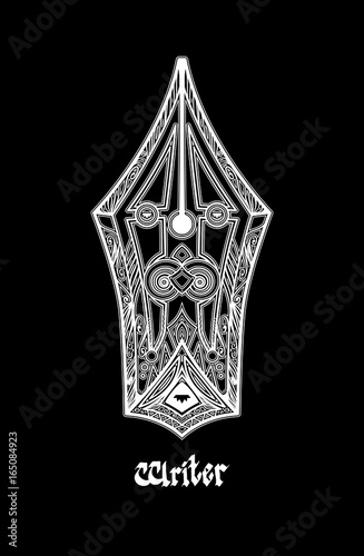 Beautiful emblem with old pen. Good openwork sign or logo for writers, bloggers, journalists. Can be used like idea for tattoo.