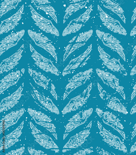 Repeated pattern. Seamless texture with beautiful white wings on blue background. It can be used as wallpaper, printing, wrapping, fabric or background for your blog and your design.