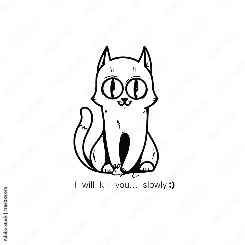 Nice Cat. Vector graphic illustration with original character. The cat caught a mouse. It can be used for printing on t-shirts, postcards, or used as ideas for tattoos. Nice Cat. Vector graphic illustration with original character. The cat caught a mouse. It can be used for printing on t-shirts, postcards, or used as ideas for tattoos.