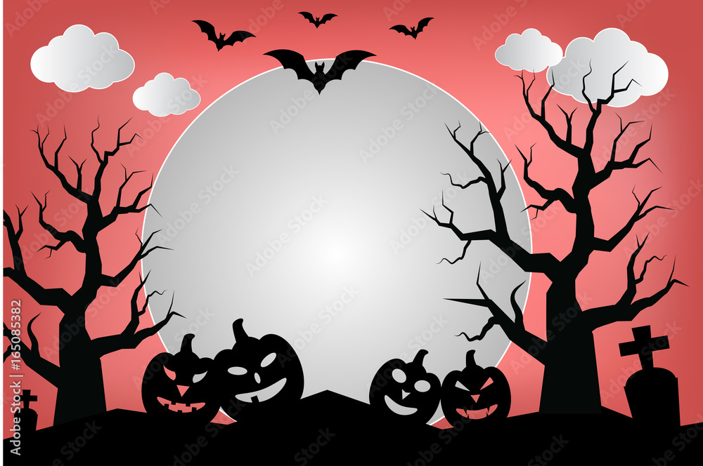 Halloween with bat pumpkin and graveyard in full moon Halloween with bat pumpkin and graveyard in full moon