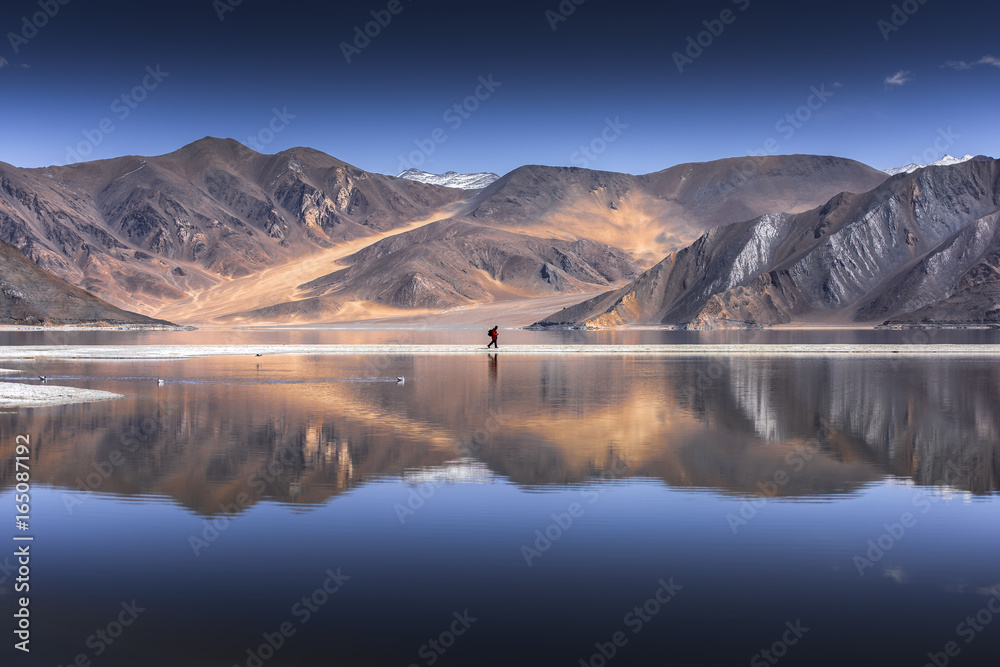 Obraz premium Reflection of Mountains on Pangong Lake with blue sky background. Leh, Ladakh, India.