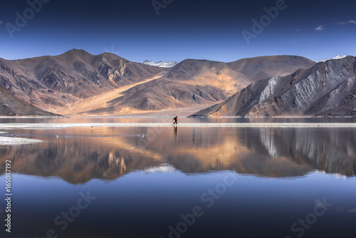 Reflection of Mountains on Pangong Lake with blue sky background. Leh, Ladakh, India.
 photo