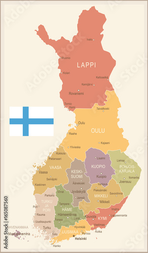 Finland - vintage map and flag - illustration