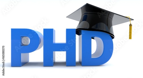 3D illustration of PHD text with a graduation hat