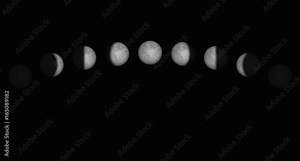 Fototapeta premium Time lapse of the moon phases - different shapes of illuminated portions seen from the northern hemisphere of planet earth. Vector illustration on black background.